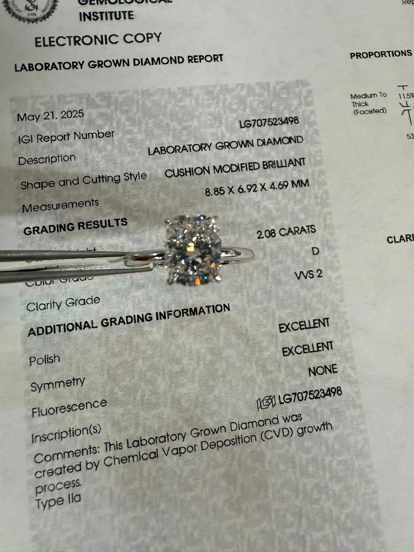 14KW 2.08ct Cushion Cut Lab Grown Diamond Engagement Ring