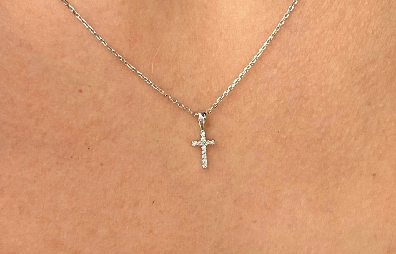 14K White Gold Diamond Cross Necklace