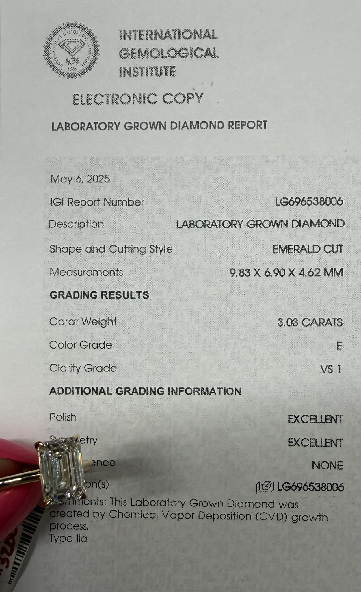 14KY 3.03ct Emerald Cut Lab Grown Diamond Engagement Ring