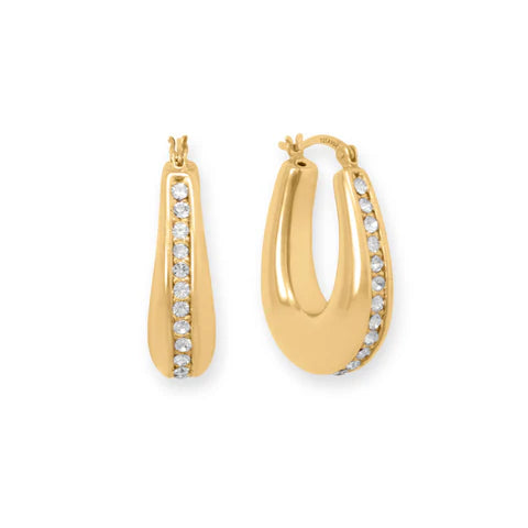 Gold Plated Hollow CZ Oblong Hoop Earrings