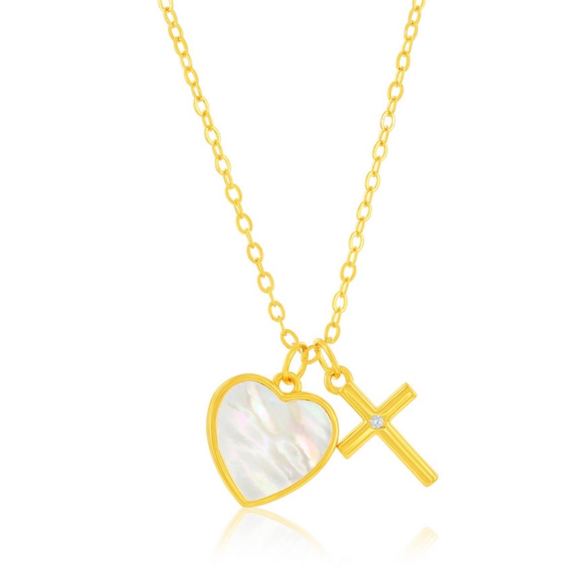 Sterling Silver, MOP Heart w/ CZ Cross Necklace - Gold Plated