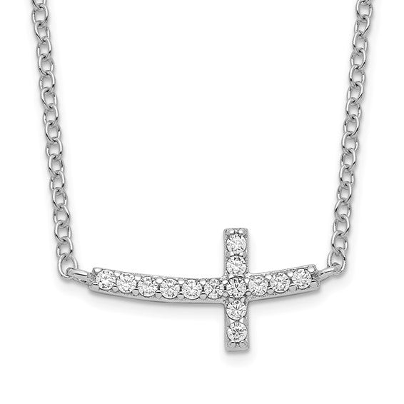 Sterling Silver Rhodium-plated CZ Sideways Cross 16 inch Necklace