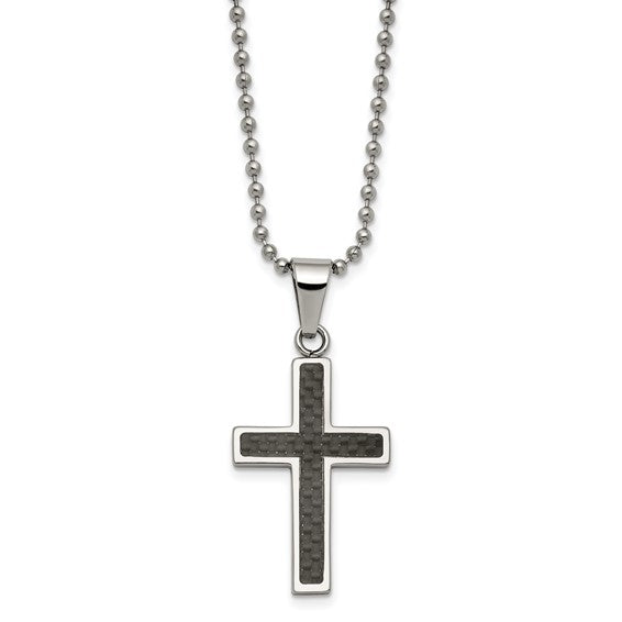 Chisel Stainless Steel Polished with Black Cross Pendant on a 22 inch Ball Chain Necklace