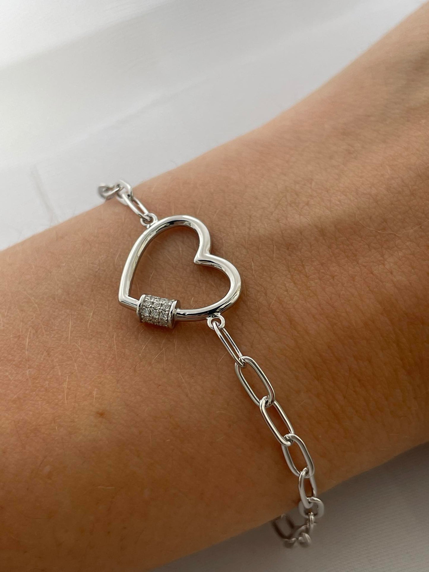 Heart with CZ Rod Paperclip Bracelet