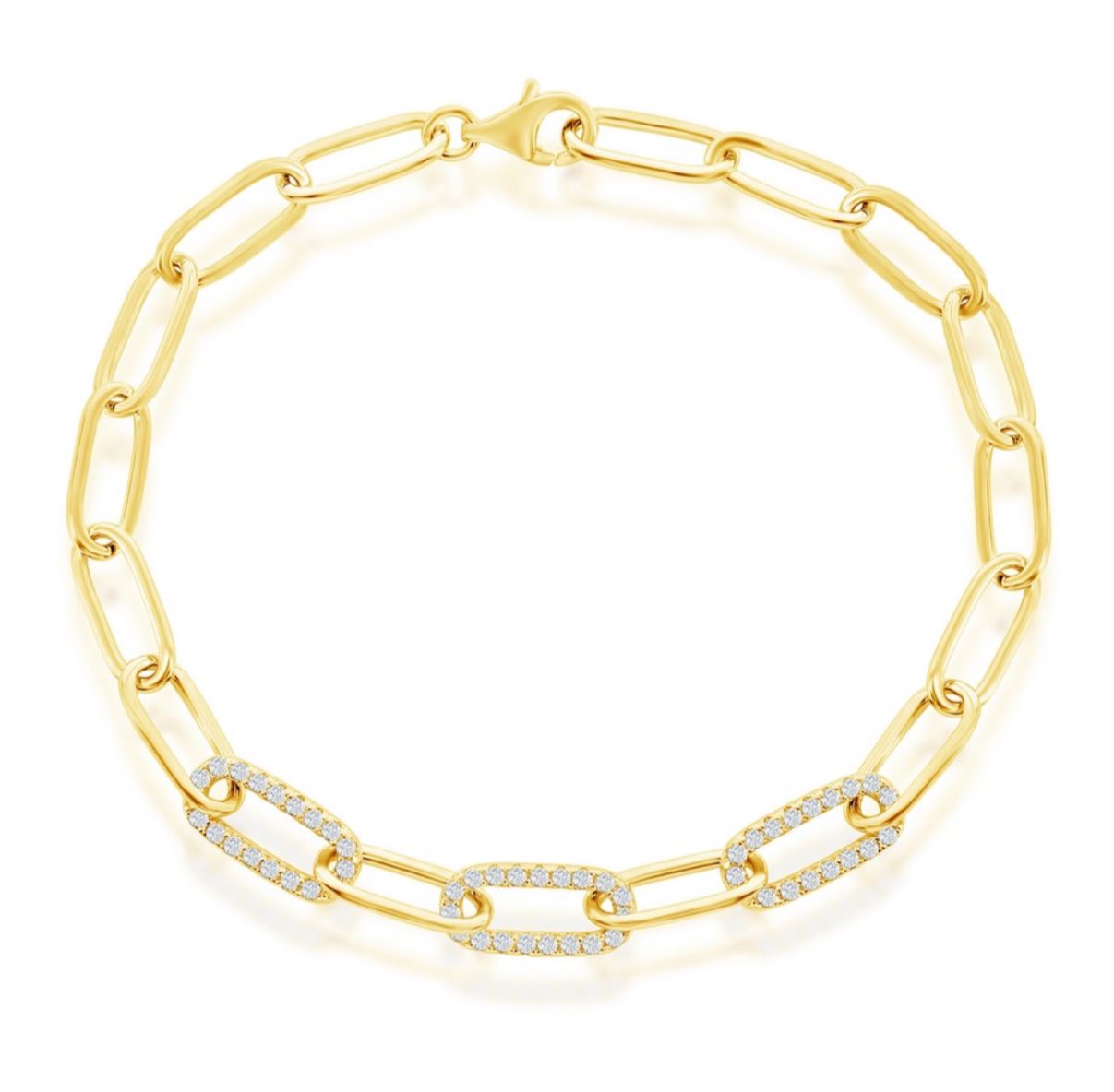 Sterling Silver, CZ Paperclip Bracelet - Gold Plated