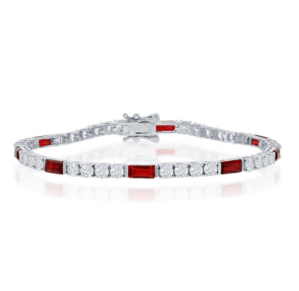 Sterling Silver, Round and Emerald-Cut 3mm Tennis Bracelet