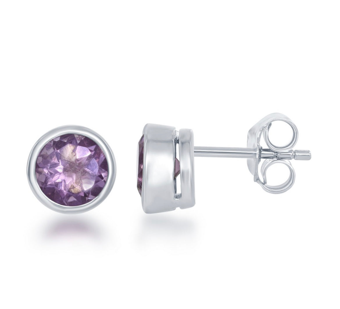 Amethyst Bezel Set Stud Earrings