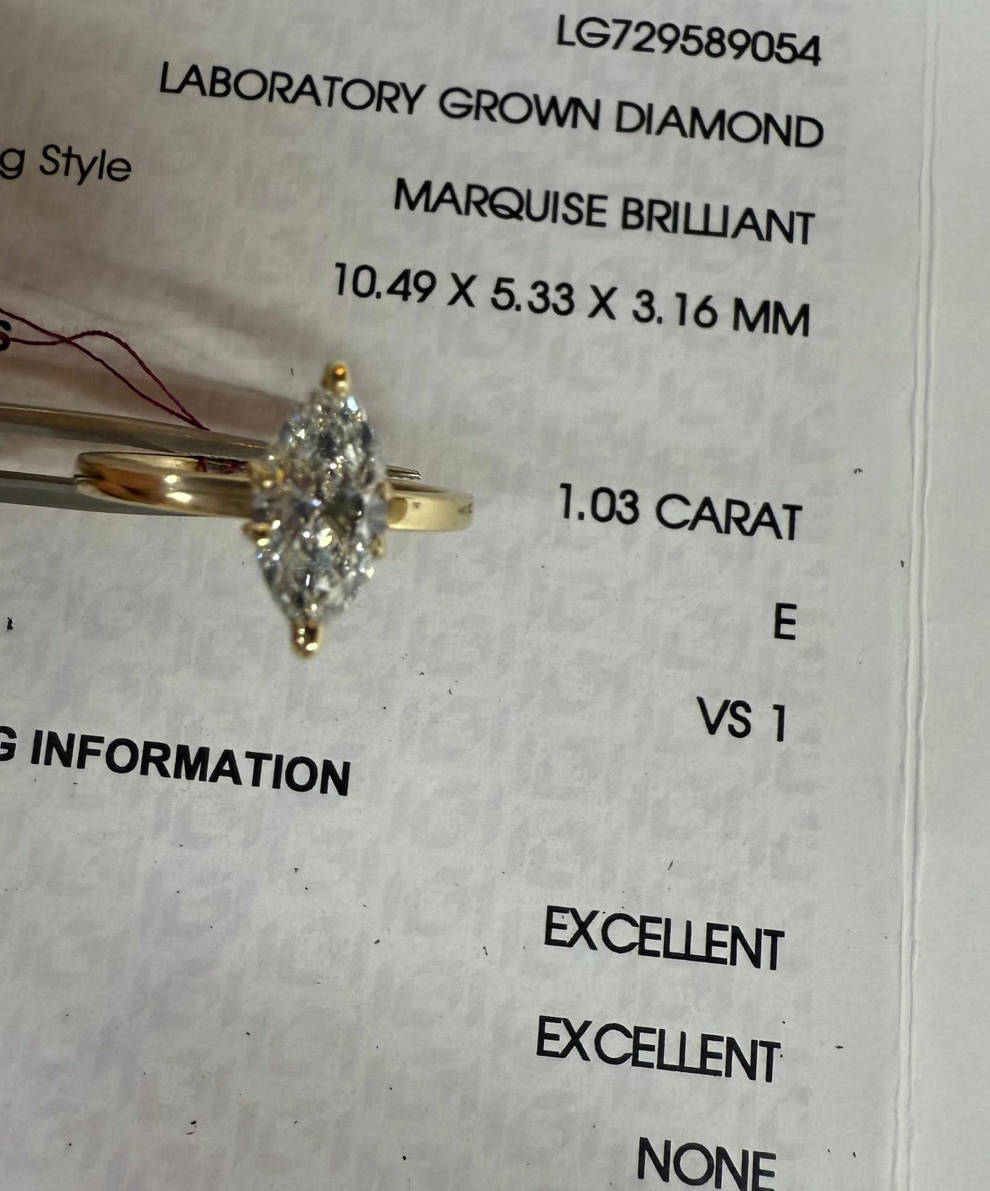 10KY 1.03ct Marquise Lab grown Diamond Engagement Ring