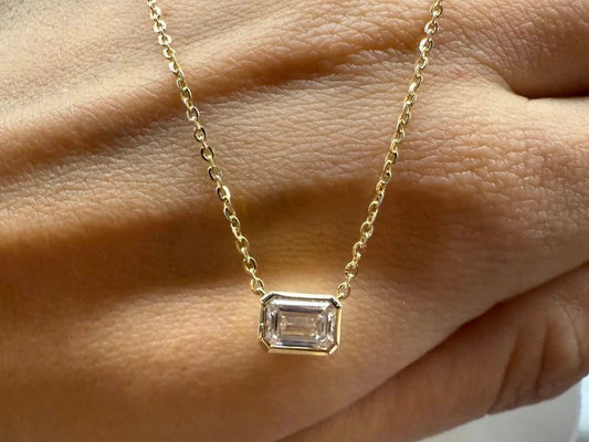 14KY 1.02ct Emerald Cut Lab Grown Pendant Necklace
