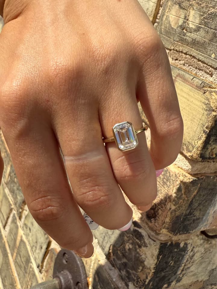 14KY 3.01ct Emerald Cut Lab Grown Diamond Bezel Set Engagement Ring