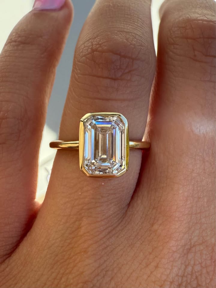 14KY 3.01ct Emerald Cut Lab Grown Diamond Bezel Set Engagement Ring