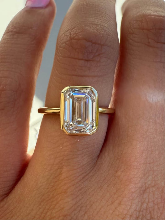 14KY 3.01ct Emerald Cut Lab Grown Diamond Bezel Set Engagement Ring