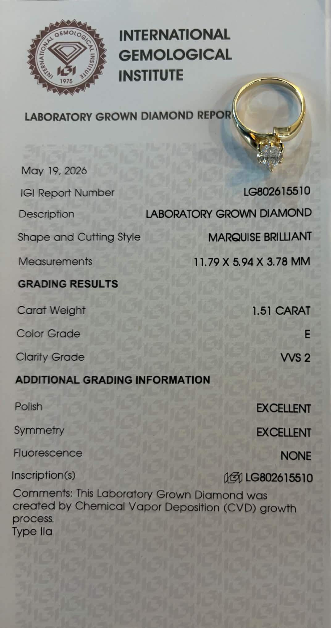 14KY 1.51ct Marquise Lab Grown Diamond Engagement Ring