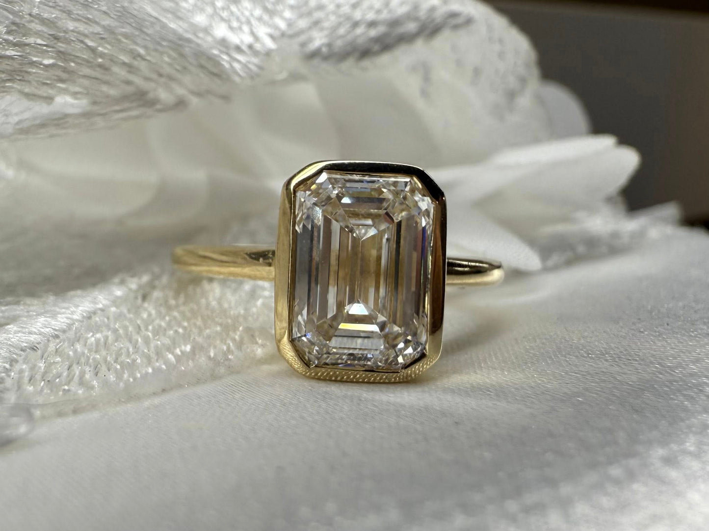 14KY 3.01ct Emerald Cut Lab Grown Diamond Bezel Set Engagement Ring