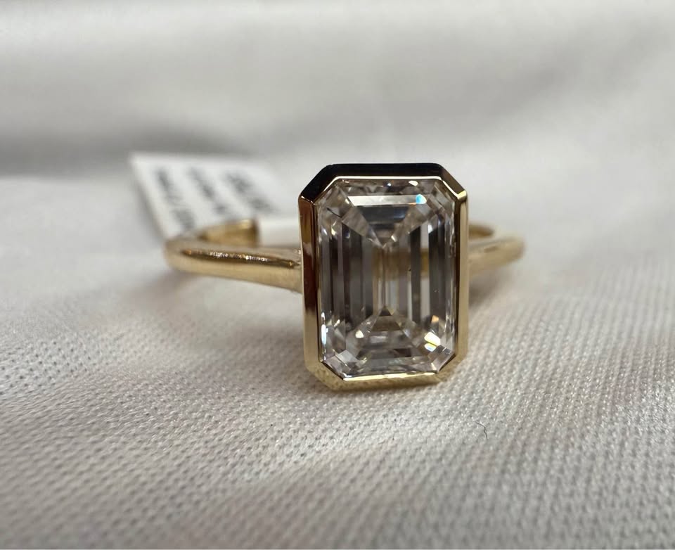 Diamond Engagement Ring 2ctw Emerald Cut Lab Grown Diamond Bezel Set