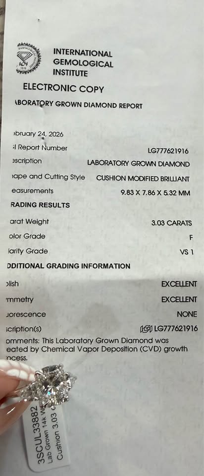 14KW 3.03ct Cushion Cut Lab Grown Engagement Ring With Side Stones