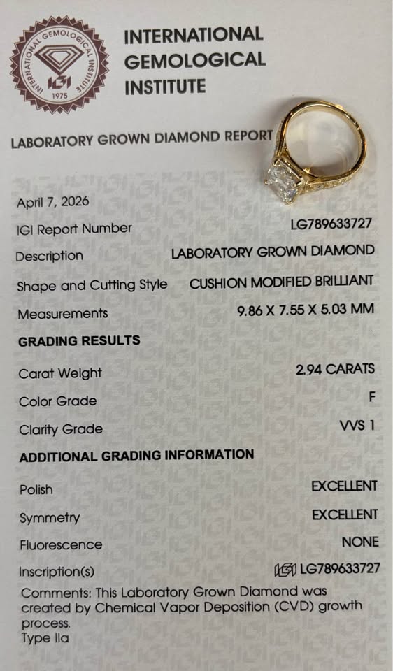 14KY 2.94ct Cushion Cut Lab Grown Diamond Engagement Ring