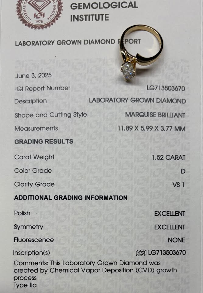 14KY 1.52ct Marquise Cut Lab Grown Diamond Engagement Ring