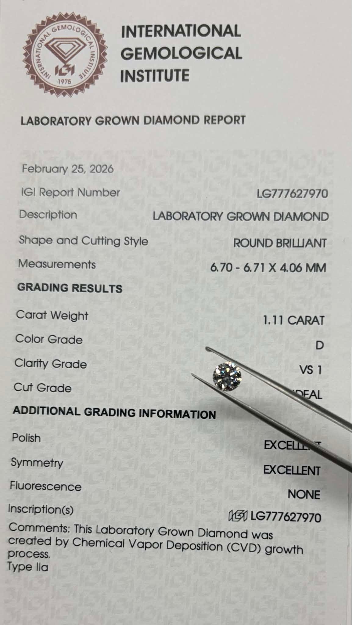 1.11ct Round LG Diamond