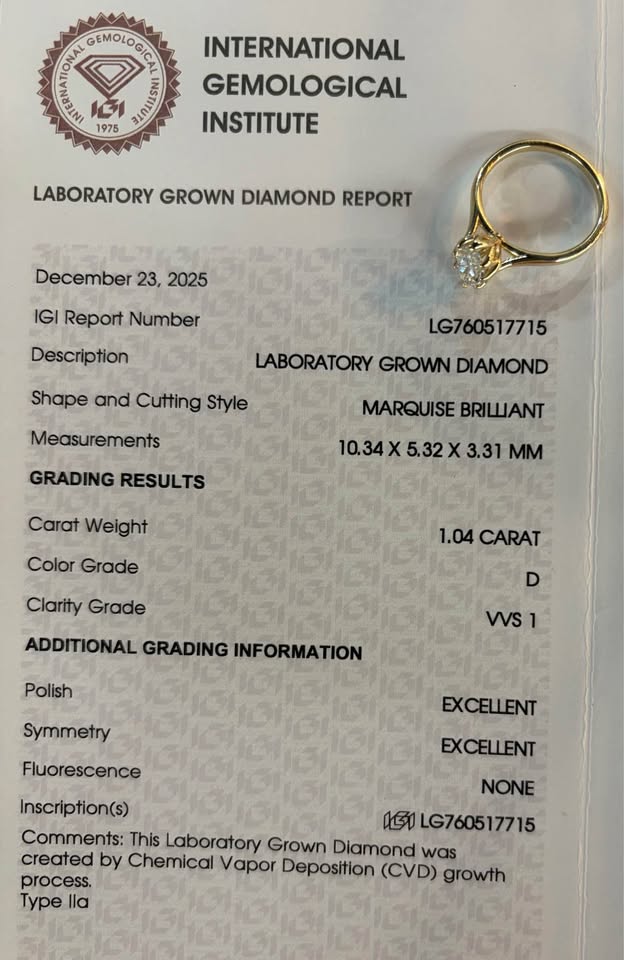 10KY 1.04ct Marquise Cut Lab Grown Diamond Engagement Ring