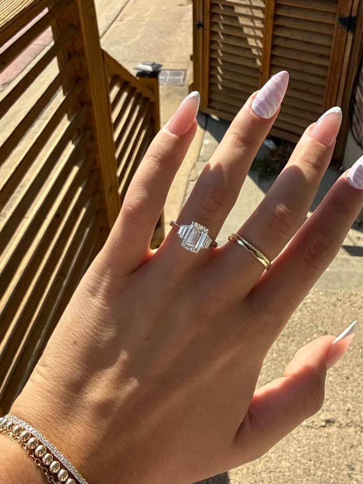 14KW 3.07ct Emerald Cut 3-Stone Engagement Ring with 1.06ctw accent stones