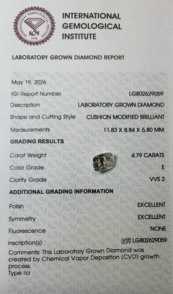 4.79ct Cushion Cut Lab Grown Diamond