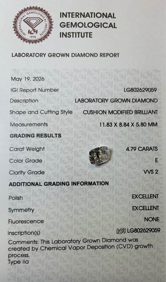 4.79ct Cushion Cut Lab Grown Diamond
