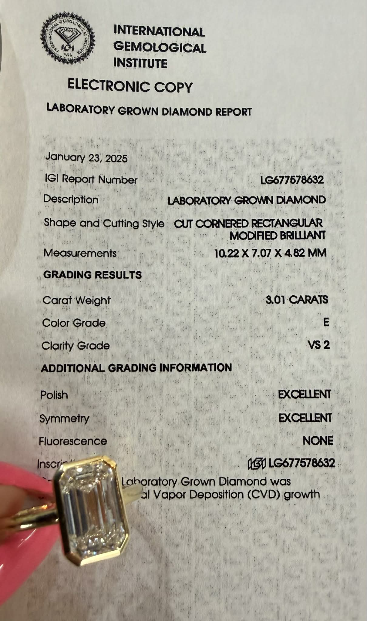 14KY 3.01ct Emerald Cut Lab Grown Diamond Engagement