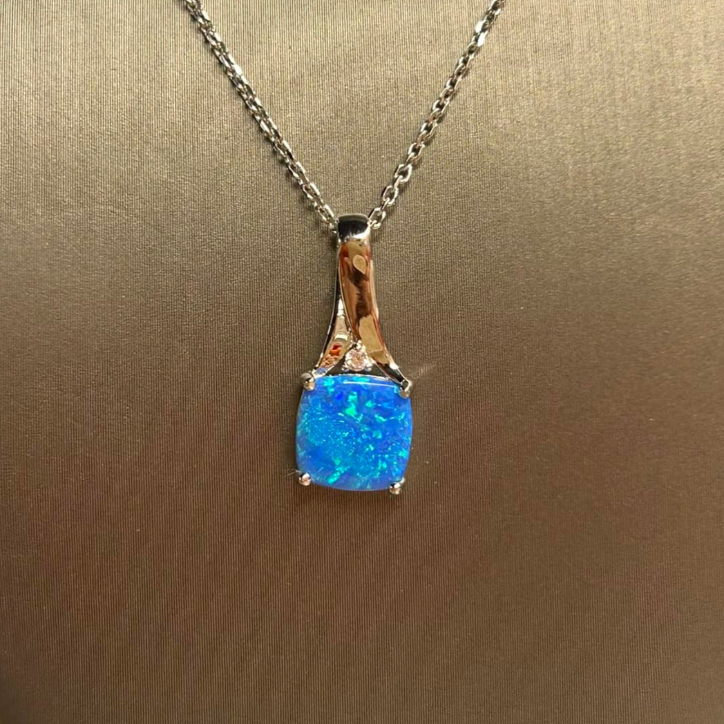 Sterling Silver Blue Opal and CZ 18" Necklace
