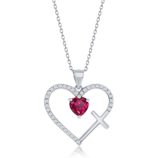 Sterling Silver CZ Cross & Heart Pendant - Ruby CZ