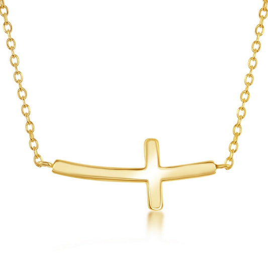 Sterling Silver Curved Sideways Cross necklace - Gold Plated