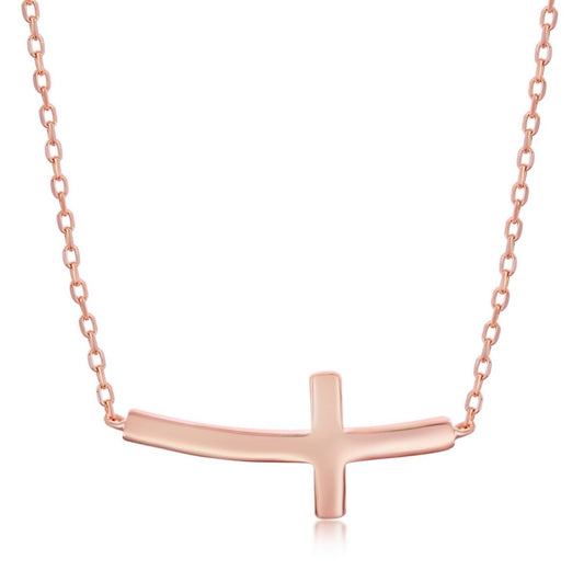 Sterling Silver Curved Sideways Cross necklace - Rose Gold Plated