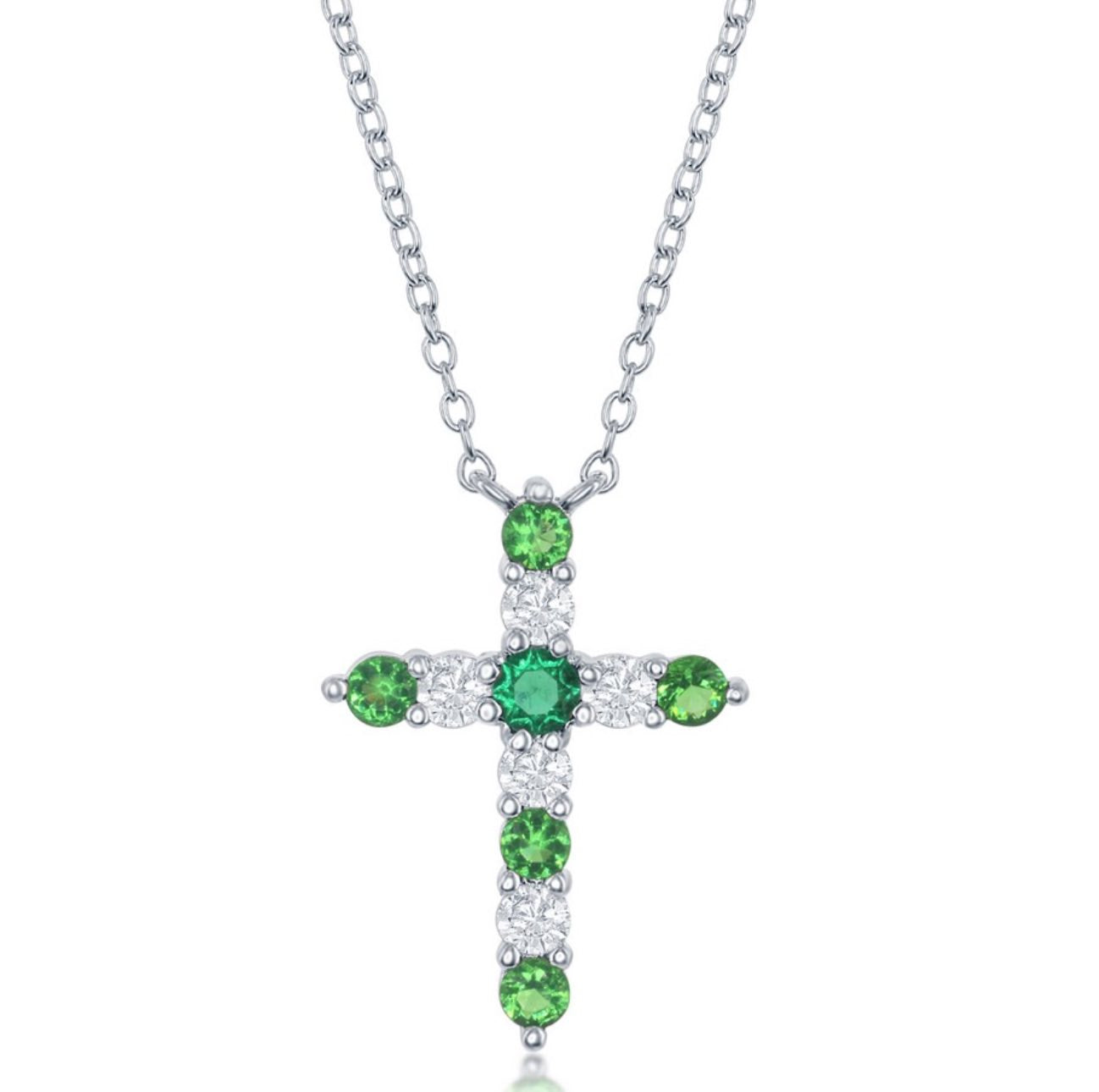 Sterling Silver Emerald CZ 'May Birthstone' Cross Necklace