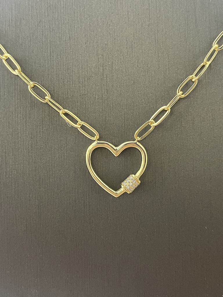 Gold Plated Micro Pave CZ Heart Carabiner Paperclip Necklace
