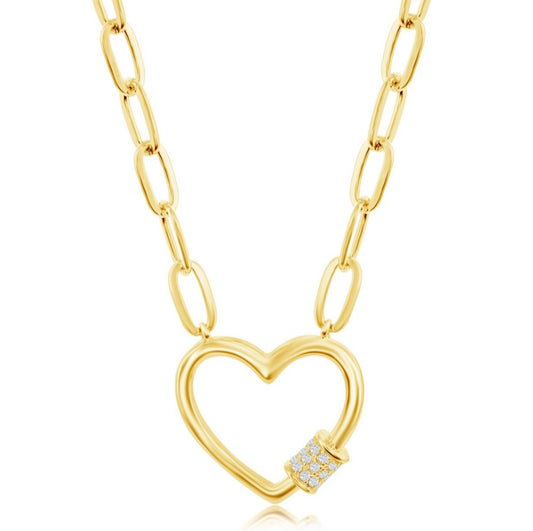 Sterling Silver Micro Pave CZ Heart Paperclip Necklace - Gold Plated