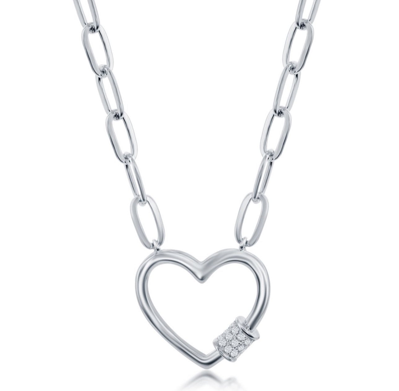 Sterling Silver, Micro Pave CZ Heart Paperclip Necklace