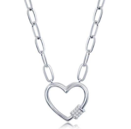 Sterling Silver, Micro Pave CZ Heart Paperclip Necklace