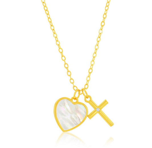 Sterling Silver, MOP Heart w/ CZ Cross Necklace - Gold Plated