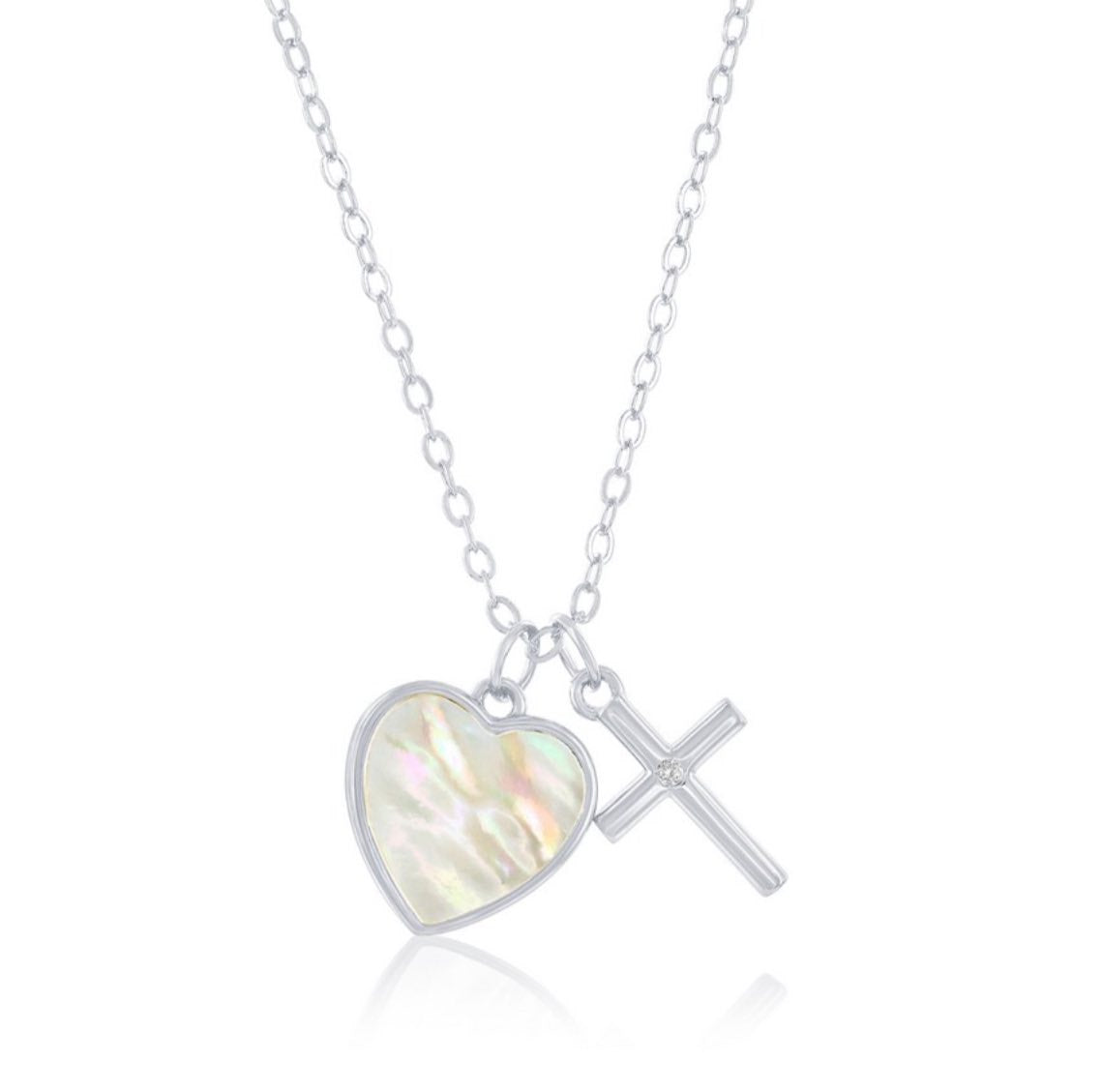 Sterling Silver, MOP Heart w/ CZ Cross Necklace
