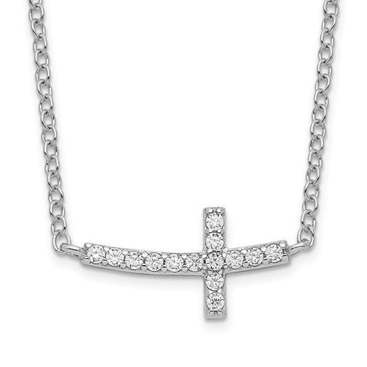 Sterling Silver Rhodium-plated CZ Sideways Cross 16 inch Necklace