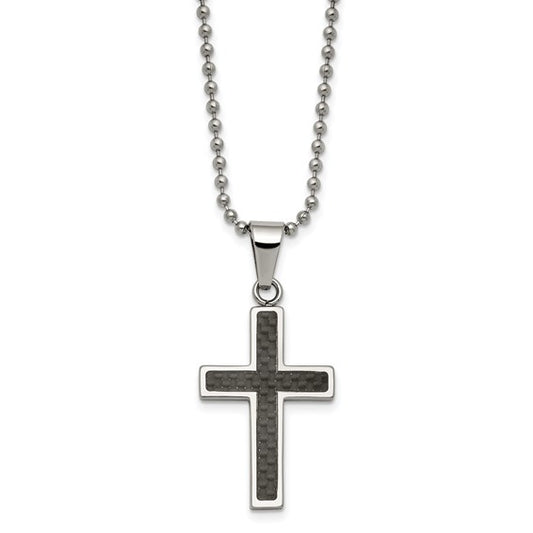 Chisel Stainless Steel Polished with Black  Cross Pendant on a 22 inch Ball Chain Necklace