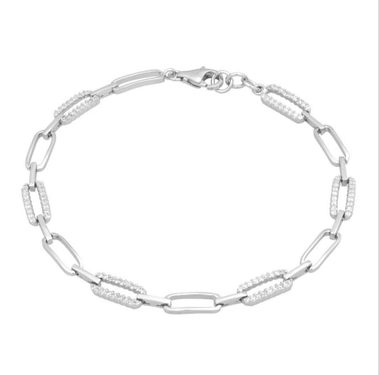Sterling Silver Alternating CZ and Shiny Paperclip Bracelet