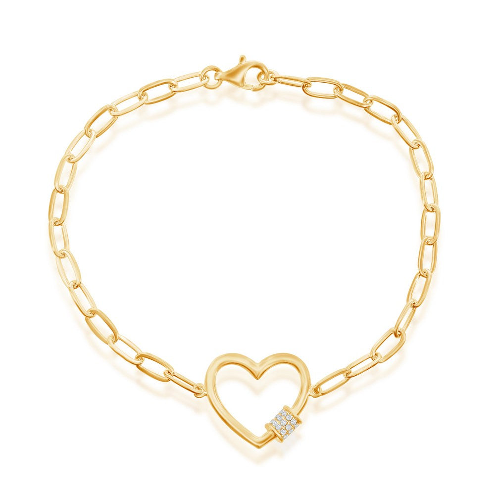 Heart w/CZ Rod Paperclip Bracelet - Gold Plated & Sterling Silver