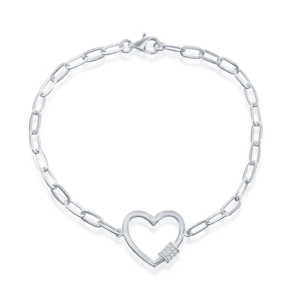 Heart w/CZ Rod Paperclip Bracelet - Gold Plated & Sterling Silver
