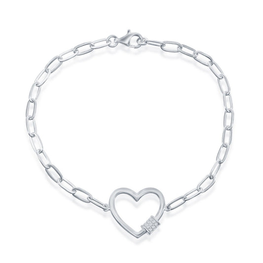 Heart w/CZ Rod Paperclip Bracelet - Gold Plated & Sterling Silver