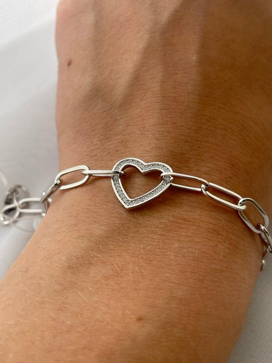 Sterling Silver CZ Heart Paperclip Bracelet