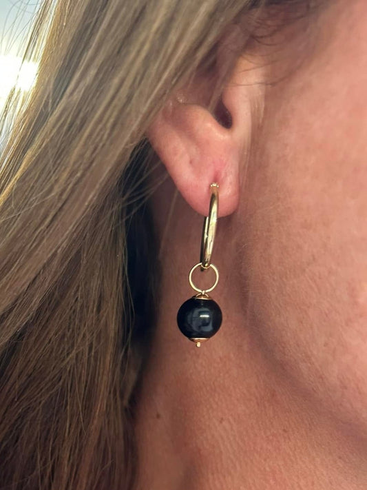 14KY Black Onyx 10mm Ball Hoop Dangle