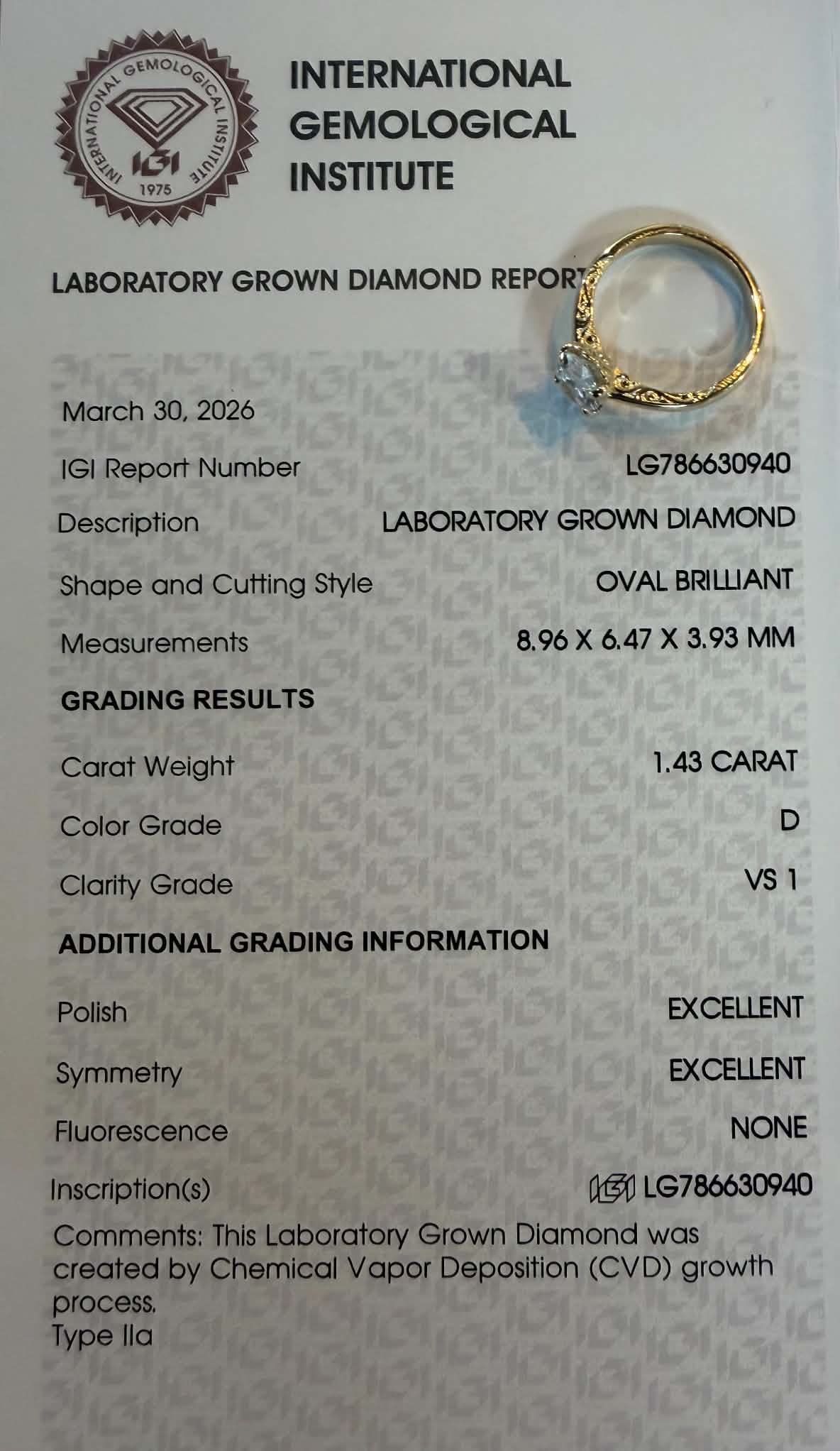 10KY 1.43ct Oval Lab  Grown Diamond Engagement Ring