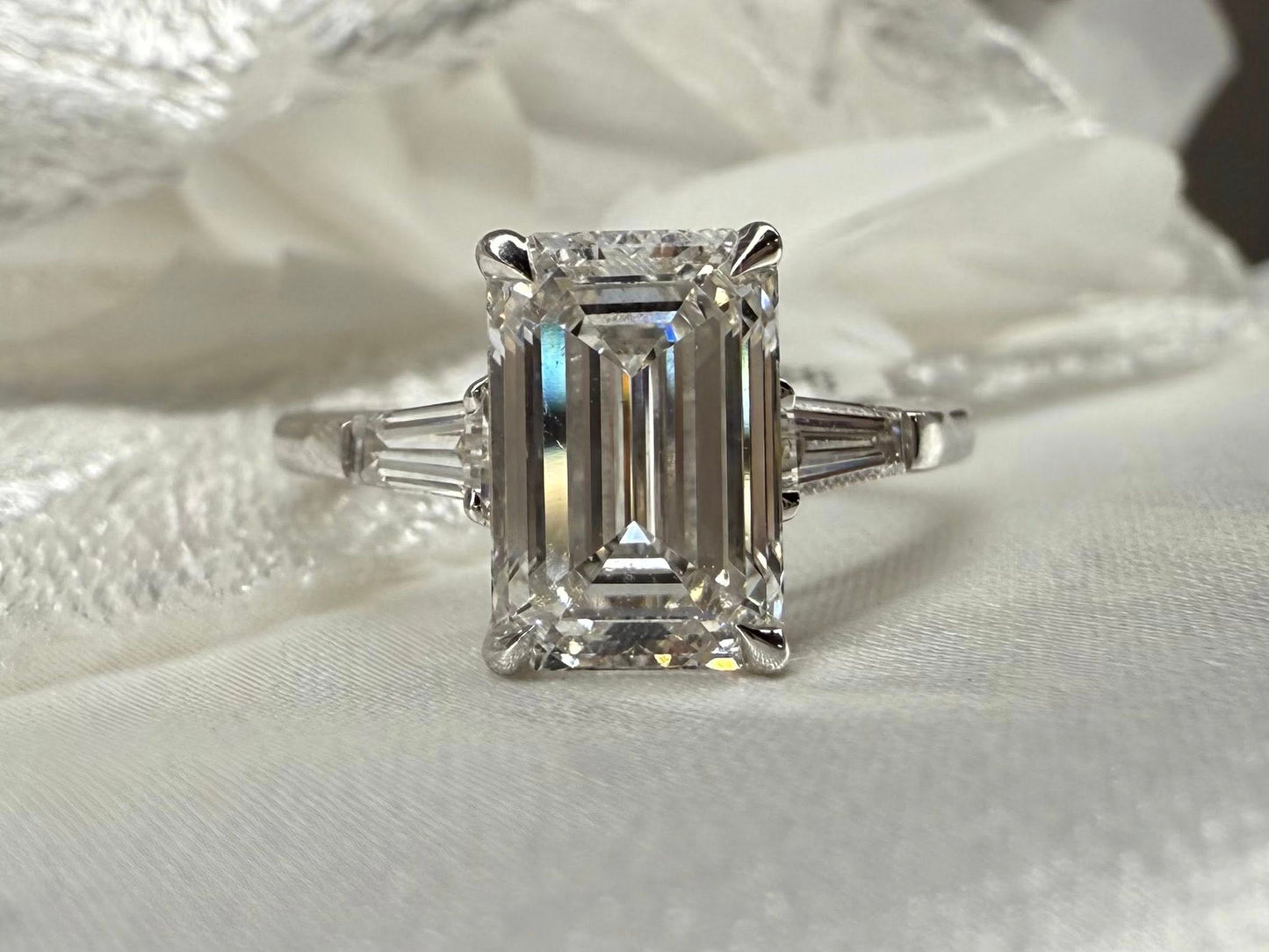 14KW 3-Stone Engagement Ring with a 3.04ct Emerald Cut Center