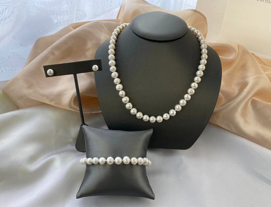 !3 Piece Set! Sterling Silver White Freshwater Potato Pearl Necklace with matching bracelet and earrings.